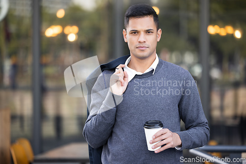 Image of City portrait, coffee break and businessman confident, walking and on travel journey in urban San Francisco. Mockup employee, tea or relax worker, agent or person on morning commute to corporate work