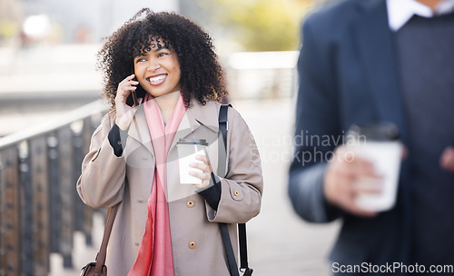 Image of Happy, travel or business woman with phone call for contact us, schedule or networking in London street. Smile, 5g network or speaking on smartphone for strategy, communication or success planning