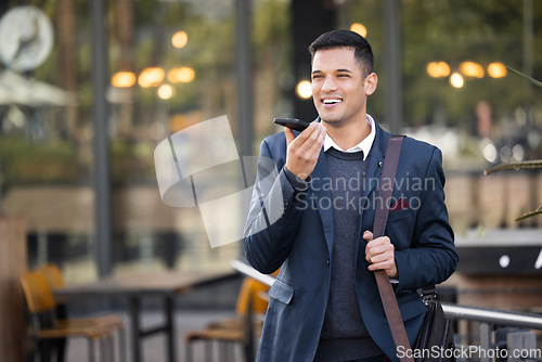 Image of Happy, loud speaker or communication man with phone call for contact us, telemarketing or networking in London street. Smile, 5g network or employee with smartphone for strategy or success planning