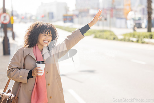 Image of Taxi, coffee and commuting with a business black woman calling or hailing a cab outdoor in the city. Street, travel and transport with a female using ride share to commute in an urban town