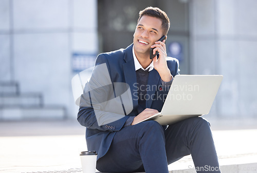 Image of Thinking, phone call or business man with laptop for internet research, communication or networking. Happy, smile or manager in London street on 5g smartphone for social network, web or blog review