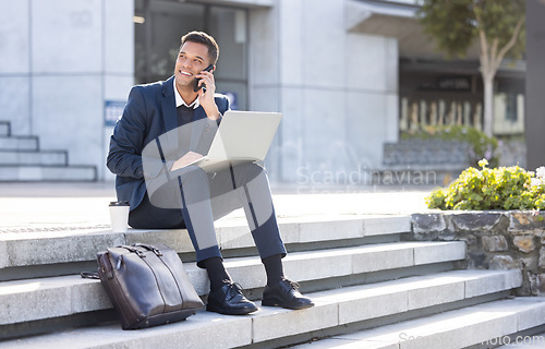 Image of Communication, phone call or business man on laptop for internet research, success deal or networking. Happy, smile or manager in London street on 5g smartphone for social network, web or blog review