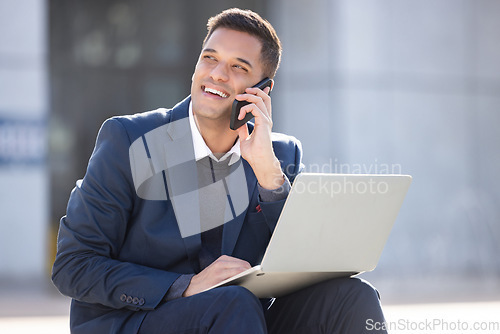 Image of Happy, phone call or business man with laptop for internet research, communication or networking. Thinking, smile or manager in London street on 5g smartphone for social network, web or blog review