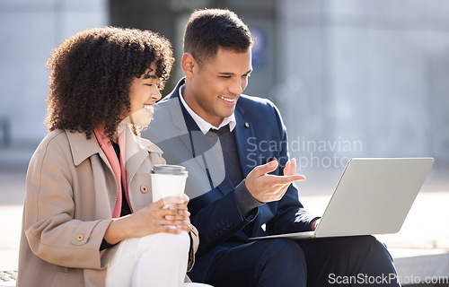 Image of Collaboration, thinking or business people with laptop for internet research, 5g or networking. Innovation, data analysis or teamwork in London street on tech for social network, web or blog search