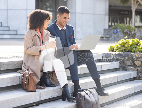 Image of Search, happy or business people with laptop for internet research, communication or networking. Innovation, data analysis or teamwork in London street on tech for social network, web or blog review