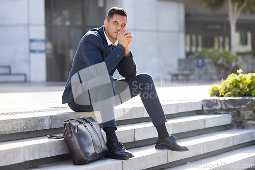 Image of Stairs, depression and sad businessman thinking of career crisis, trading investment fail or unemployment. Mental health problem, office building or fired trader with lost job over stock market crash