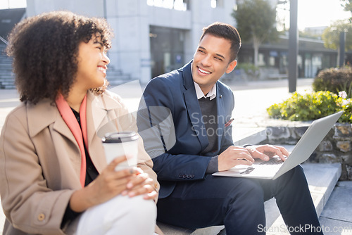 Image of Happy, collaboration or business people on laptop for corporate strategy, web SEO search or research. Teamwork, smile or team building on tech planning, email or success networking in London street