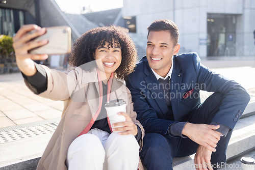 Image of Phone selfie, coffee break and businessman and happy woman with photo memory of relax people in New York. Corporate team, agent and African employee partnership of company worker on urban city stairs