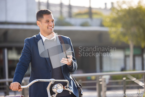 Image of Phone, bicycle and commute with a business man in the city using eco friendly transport for work travel. Mobile, bike and 5g mobile technology with a male employee thinking about his carbon footprint