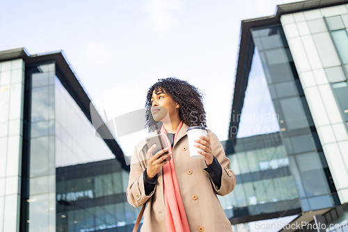 Image of City travel, phone or black woman walking to work, corporate job or relax commute journey in urban New York. Digital mobile, architecture buildings or bottom view of girl typing online website search