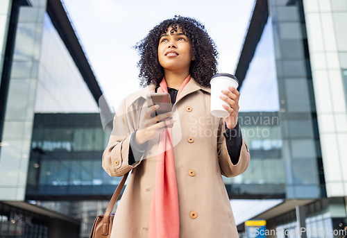 Image of City walking, smartphone and black woman travel to work, corporate job or relax commute journey in New York USA. Digital mobile, architecture buildings or bottom view of girl typing on online website