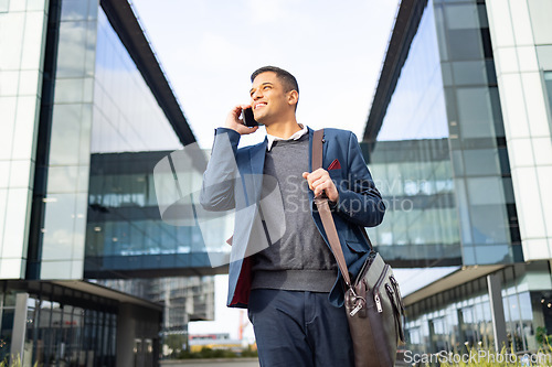 Image of Phone call, communication or business man walking, networking and talk on 5g conversation in New York. City architecture, employee or happy travel worker, agent or person commuting to office building