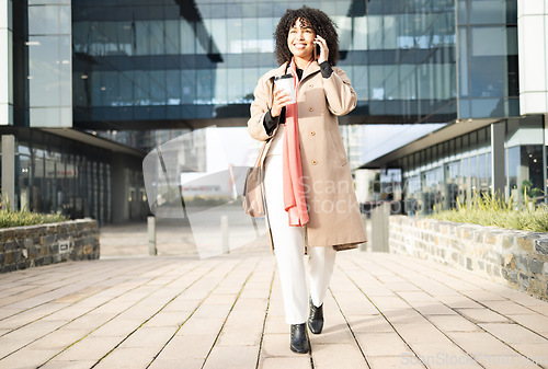 Image of Phone call communication, walking and happy black woman networking, talking and on 5g conversation in New York. Urban architecture, sales agent or relax employee on morning commute to office building