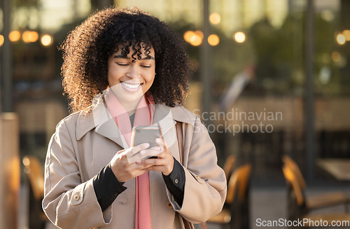 Image of Travel, happy business woman with phone for networking, social media or communication in London street. Search, smile or manager with smartphone for research, internet or blog content review outdoor