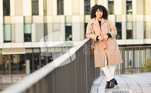 Image of Portrait, business and city with a full body black woman outdoor in the morning on her commute to work. Working, vision or mindset and a female employee with a mission of future growth or success