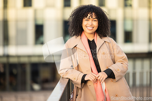 Image of Portrait, fashion and city with a business black woman outdoor in the morning on her commute to work. Working, vision or mindset and a female employee with a mission of future growth or success