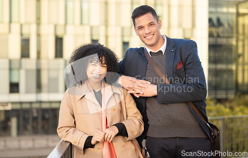 Image of Portrait, collaboration or city with a business man and woman together outdoor for future growth or success. Teamwork, mindset and vision with a male and female emloyee team standing in an urban town