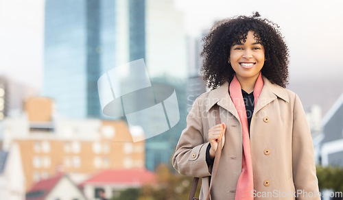 Image of Black woman, business portrait and smile of a young professional happy by urban building. Worker, city smiling and happiness of a female employee by buildings excited about work success with mock up