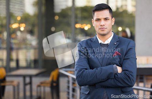 Image of City portrait, confidence and business man, real estate agent or property developer with arms crossed in urban New York street. Mockup worker, confident person or businessman with serious expression