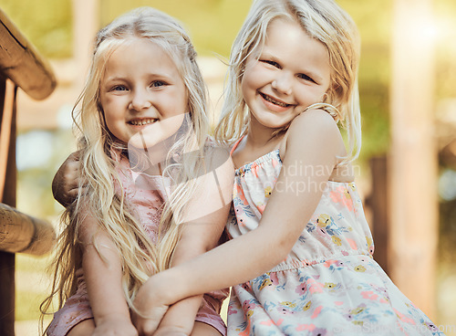 Image of Happy, girl smile and teddy outdoor portrait with happiness, sisters and bonding together. Freedom, children and smiling of young kids with friend love and care in a park or garden playground