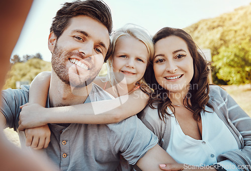 Image of Selfie, park and portrait of girl with parents enjoy quality time on holiday, weekend and nature together. Family, love and happy child, mom and dad smile for bonding, relax and adventure in summer