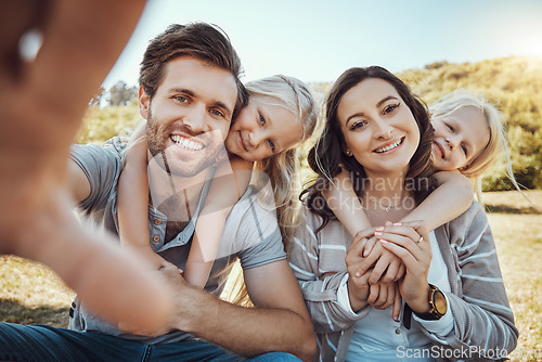Image of Selfie, park and portrait of children with parents enjoying quality time in nature, weekend and holiday. Family, love and happy girls, mom and dad smile for photo bonding, relax and fun together