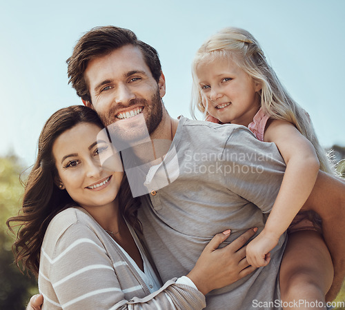 Image of Portrait of mother, father and girl in park for quality time on holiday, weekend and adventure together. Family, love and happy child piggyback parents smile for bonding, relax and freedom in summer