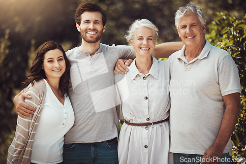 Image of Family, hug and portrait smile for happy summer vacation, holiday break or quality bonding time together in nature. Men and women in generations smiling in happiness for weekend trip or adventure