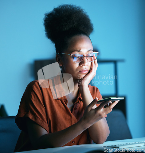 Image of Business, black woman and phone call on speaker, stress and concerned look in modern office. African American female employee, entrepreneur and agent with smartphone, disconnected and mental health