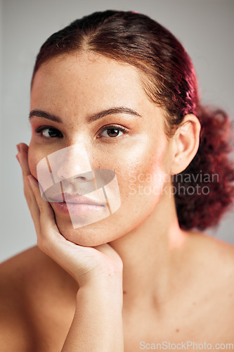 Image of Skincare, face portrait and beauty of natural person in studio for dermatology, makeup and cosmetics. Facial, wellness and self care for freckle skin glow, healthy lifestyle and real young model