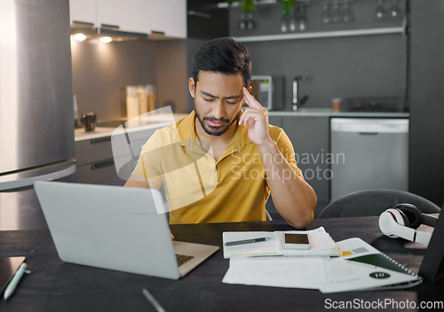 Image of Businessman, home office and headache by laptop in kitchen, seo data analytics or thinking of company strategy. Digital entrepreneur, copywriting work schedule or frustrated stress for planning goals