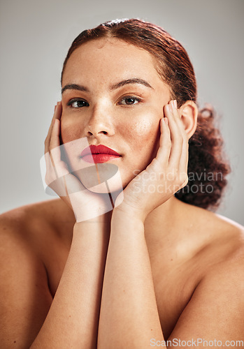 Image of Beauty woman, red lipstick and face portrait of makeup model in studio for cosmetics and dermatology. Headshot of aesthetic person with lips color for strong and confident facial skincare idea