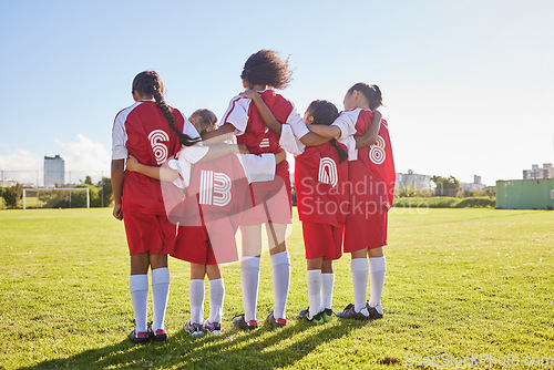 Image of Diversity, sports girl and soccer field training for youth competition match playing at stadium grass. Young athlete, standing or player enjoy football teamwork or support world cup championship game
