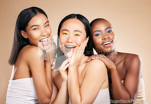 Image of Happy women, portrait smile and diverse beauty for skincare, cosmetics or makeup against a studio background. Female friends or model face smiling in happiness for fun healthy skin treatment