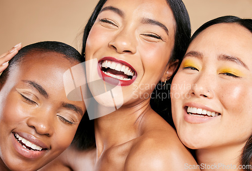 Image of Diversity, beauty and women, face and happy with skincare, natural cosmetics and eye makeup isolated on studio background. Cosmetic glow, different skin color and wellness, dermatology and portrait