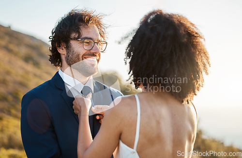 Image of Love, wedding or a couple of friends in a park after a romantic celebration in an interracial marriage. Sunset, black woman and happy man enjoy a peaceful memory or commitment as bride and groom