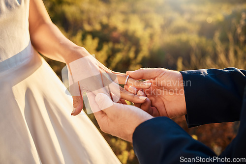 Image of Hands, wedding couple and ring at ceremony outdoor with jewelry and save the date announcement. Engagement, love together and marriage of people in nature at life commitment and engagement event