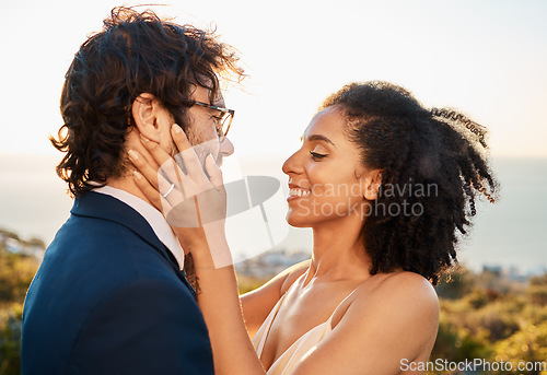 Image of Married couple, smile and love for embrace, care or marriage in bonding relationship in the nature outdoors. Happy bride and groom smiling in joyful happiness for affection, compassion and romance