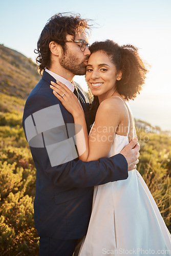 Image of Love, wedding or couple kiss in countryside or nature in a happy celebration or interracial marriage. Embrace, black woman or romantic man hugging in a commitment as bride and groom with joyful trust