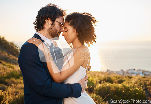 Image of Love, happy and wedding with couple in nature for celebration, happiness and romance. Sunset, hug and affectionate with man and woman in embrace at countryside for ceremony, marriage and smile