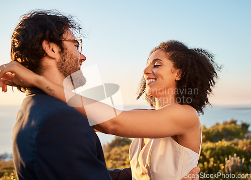 Image of Love, happy and wedding with couple in nature for celebration, happiness and romance. Sunset, hug and affectionate with man and woman in embrace at countryside for ceremony, marriage and smile