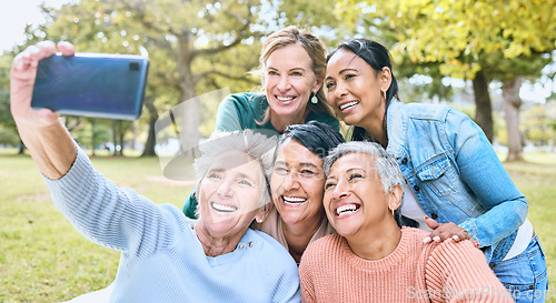 Image of Senior woman, friends and phone for selfie at the park together with smile and peace sign in the outdoors. Happy group of silly elderly women smiling for photo looking at smartphone in nature