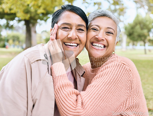 Image of Retirement hug, portrait or bonding women in nature park, grass garden or relax environment in profile picture or social media. Smile, happy or senior couple of friends in embrace for birthday pride