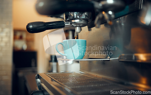 Image of Coffee, espresso and cup in cafe machine for small business kitchen, barista shop and warm beverage mug. Chai tea, cream mocha latte or cappuccino ready in luxury restaurant store at drink dispenser