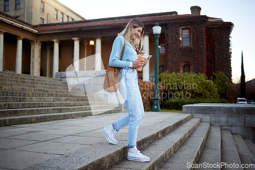 Image of Woman, student on campus stairs and college, education with learning and academic goals with scholarship outdoor. Walking, study and happy person with success, university life and studying for growth