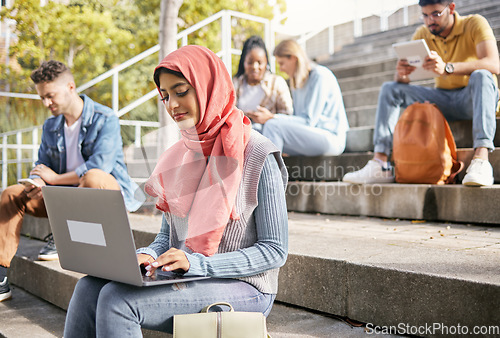 Image of Students on stairs, Islamic woman and laptop for typing, connection and online reading outdoor. Student, Muslim female and academics on steps, education and knowledge for growth and digital schedule