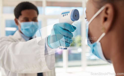 Image of Doctor, patient and Covid, healthcare and thermometer for temperature check zoom with black people in medicine. Face mask, Corona and virus prevention, man and woman in clinic for medical screening