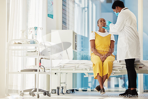 Image of Covid 19 test, doctor and African patient for hospital healthcare, medical support and corona virus exam. Mockup, safety consultation and black woman with PCR nose swab from clinic worker or nurse