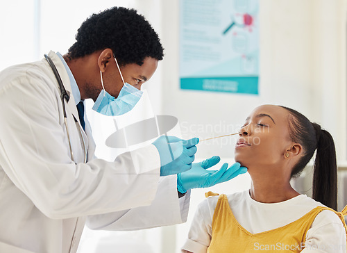 Image of Doctor, black woman or covid swab test in hospital checkup, clinic wellness or bacteria virus control. Patient, cotton or nose with healthcare worker in disease sample, medical research or compliance