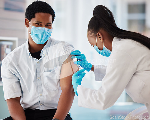 Image of Covid 19 vaccine, injection and doctor with patient for healthcare consultation, medical service or corona virus medicine. Portrait, syringe and black man at hospital pharmacy clinic for vaccination